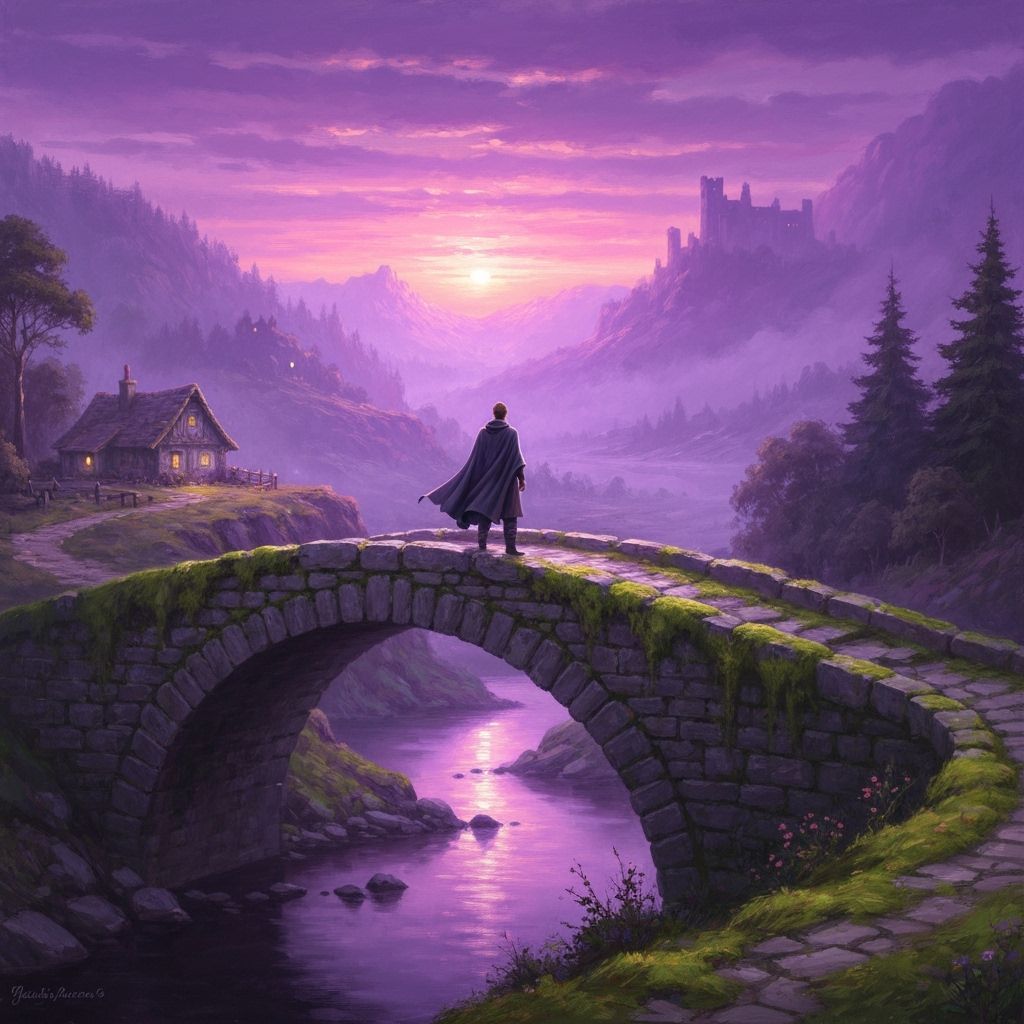 Man on Bridge Over Purple Sunset Landscape in Oil Painting S...