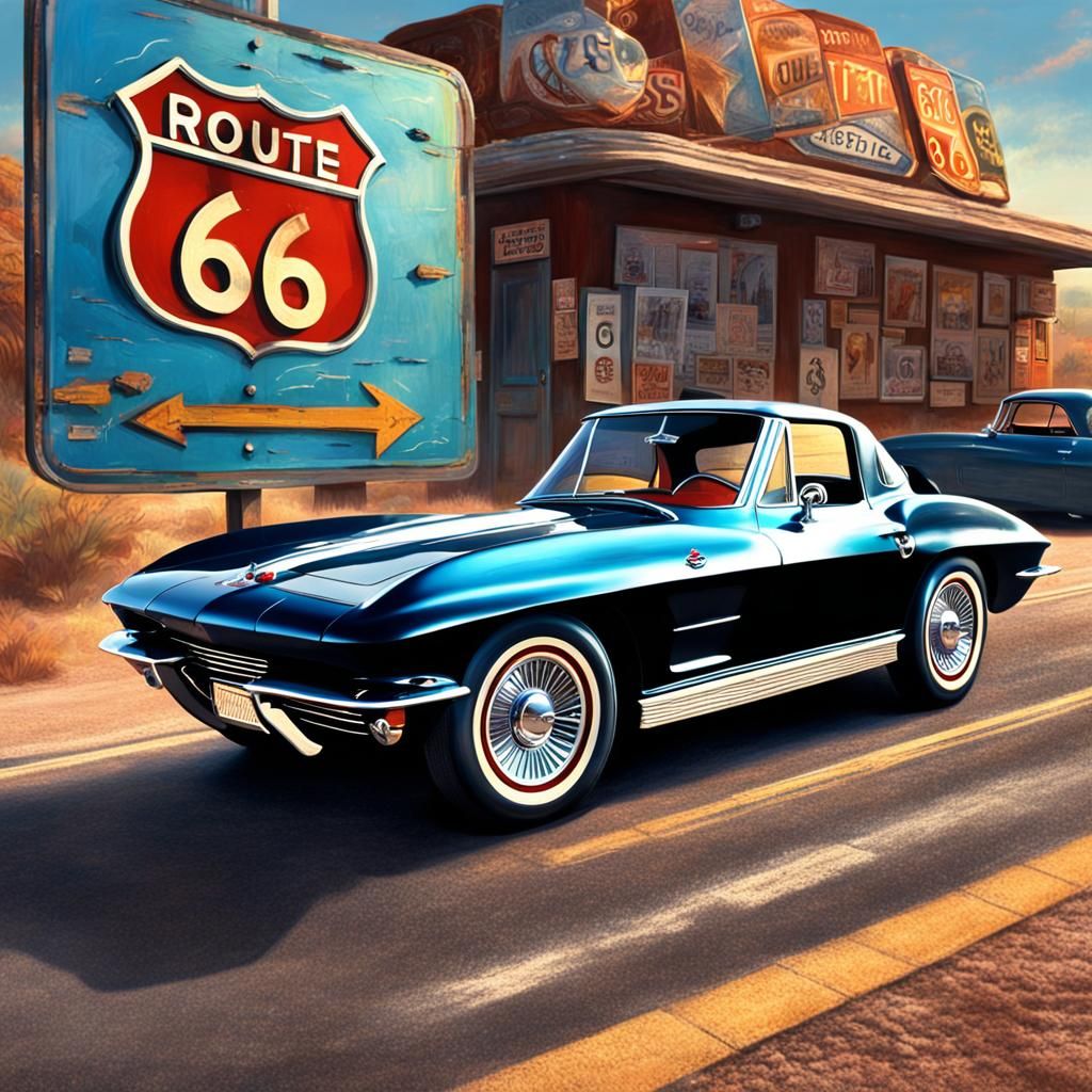 1963 Corvette on Route 66 in Splash Art