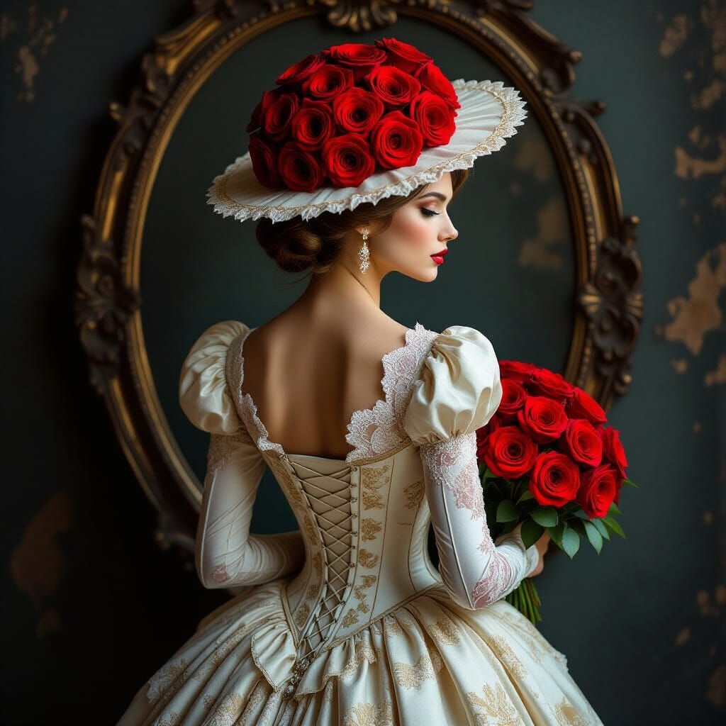 Victorian Woman with Roses in Chiaroscuro Style