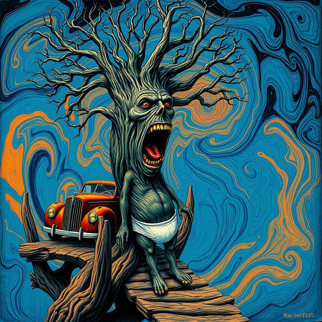 An intensely emotive anthropomorphic screaming tree wearing ...