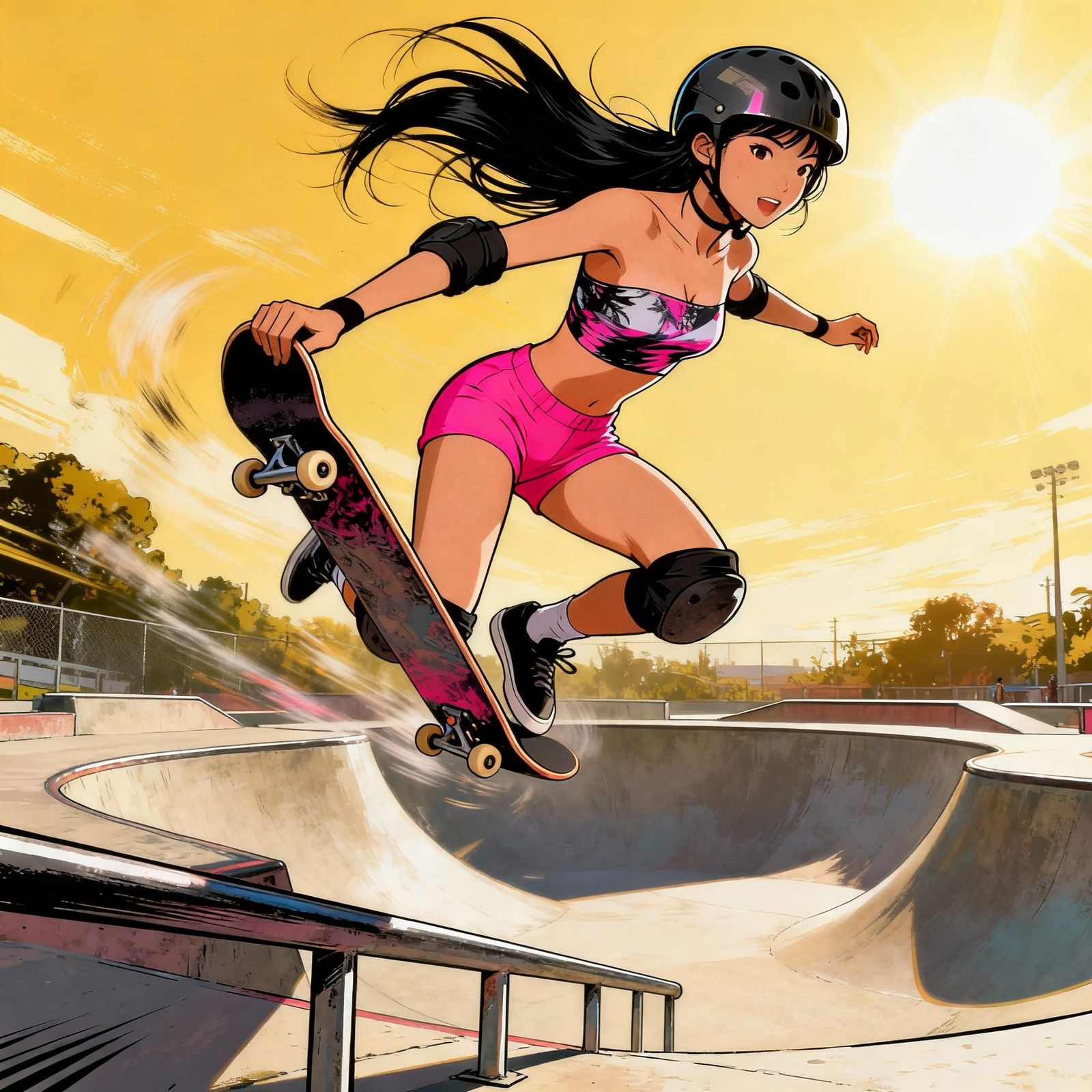 Asian Skateboarder Soars Over Rail in Dynamic Digital Art