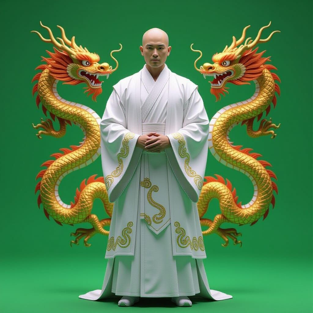 Serene Bald Monk in White Robe on Green Screen