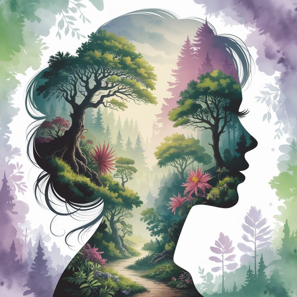 A Serene Double Exposure Portrait of a Woman in a Vibrant Wa...