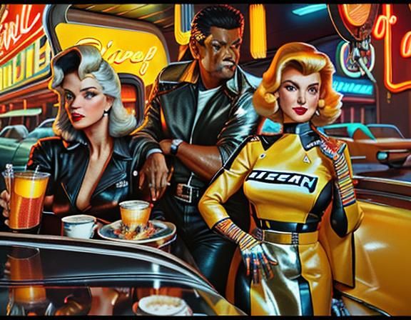 Retro-futuristic concept art. Medium shot. A bustling Americ...