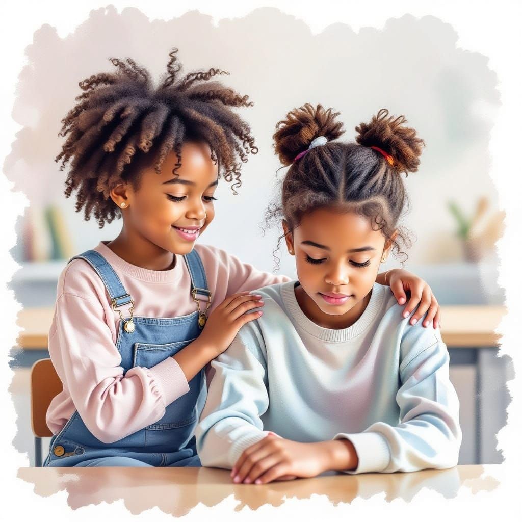 Compassionate Moment: Children at School in Watercolor