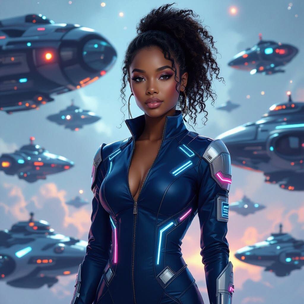 Futuristic African American Woman in Spaceship Swarm