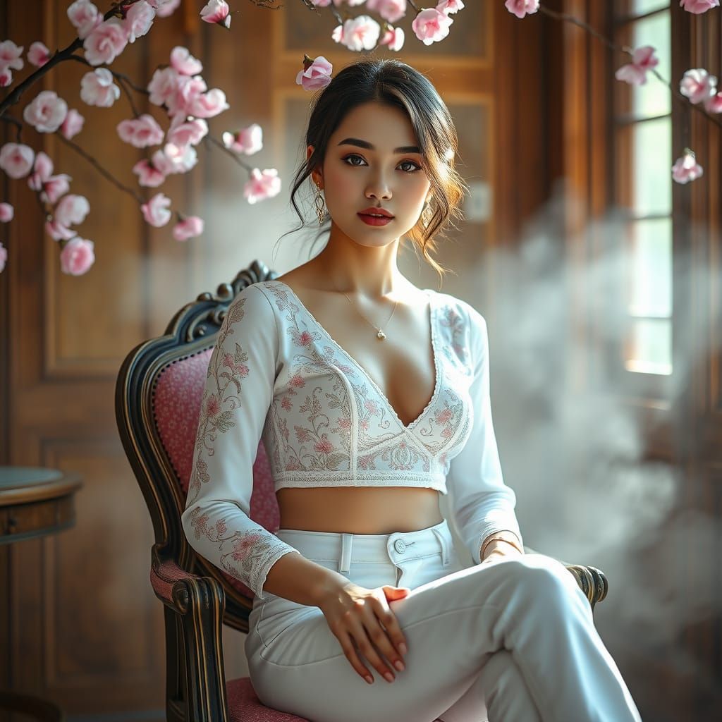 Hyperrealistic Portrait of a Woman with Cherry Blossoms