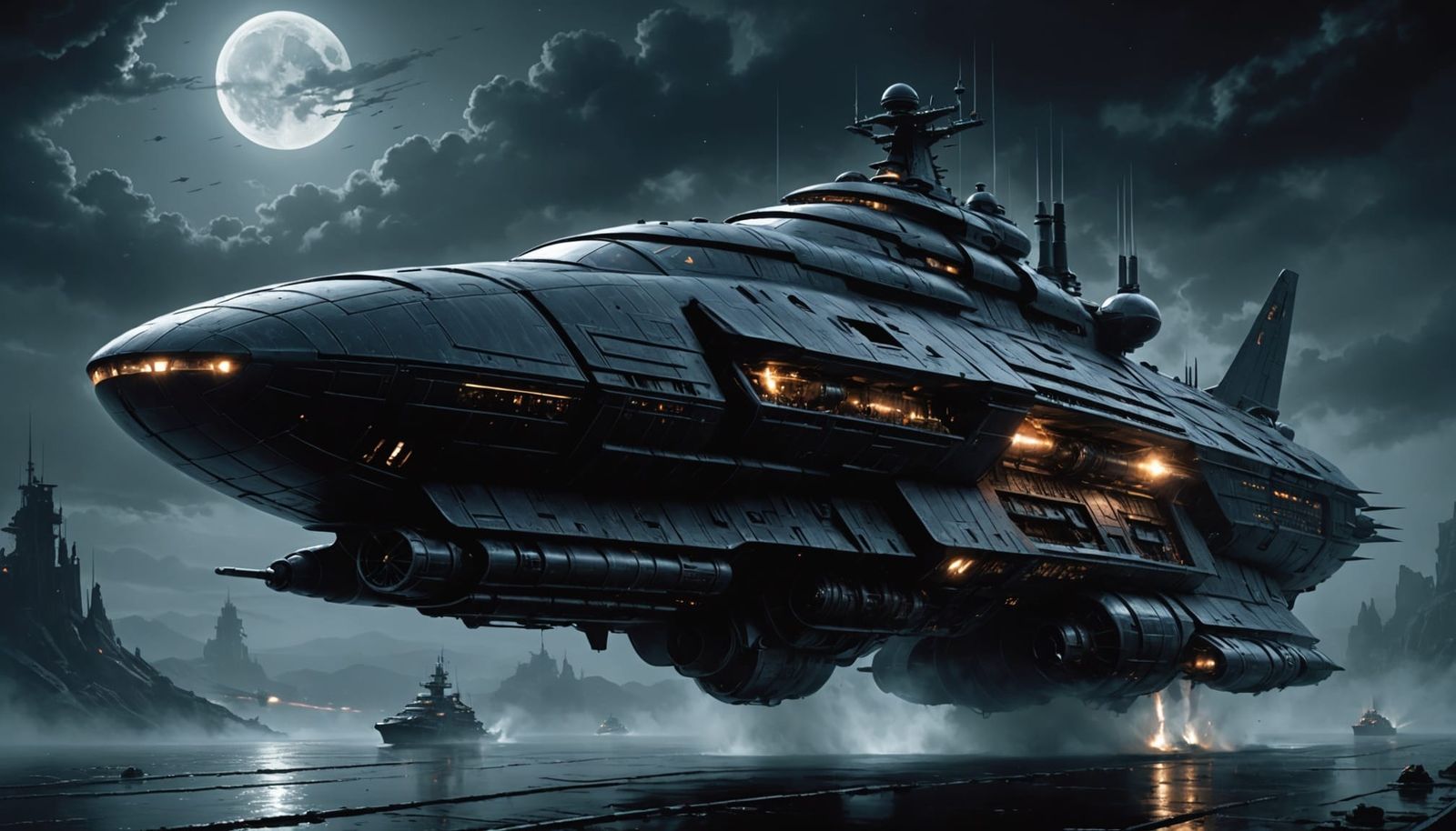 Galactic Space Pirate Ship Cruises Through Cosmic Blackness