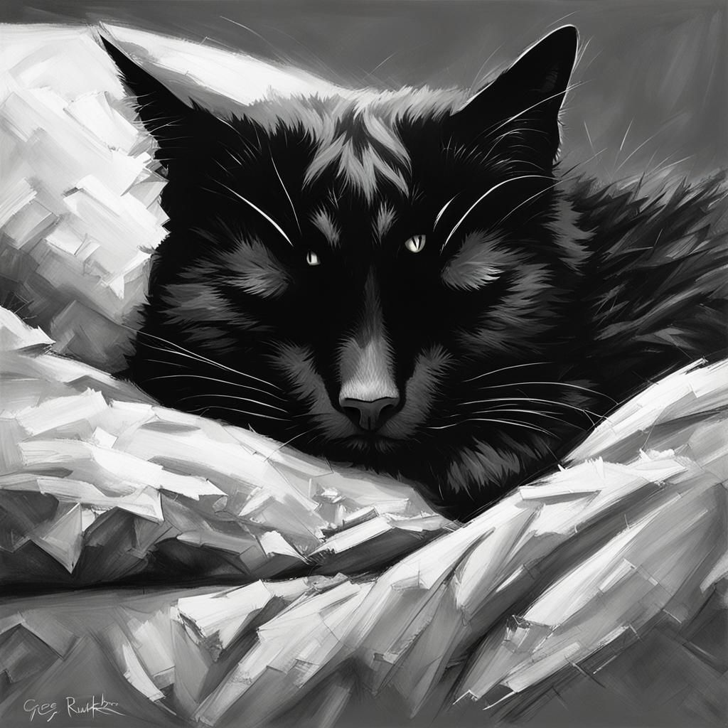 Sinister Black and White Cat Sleeping