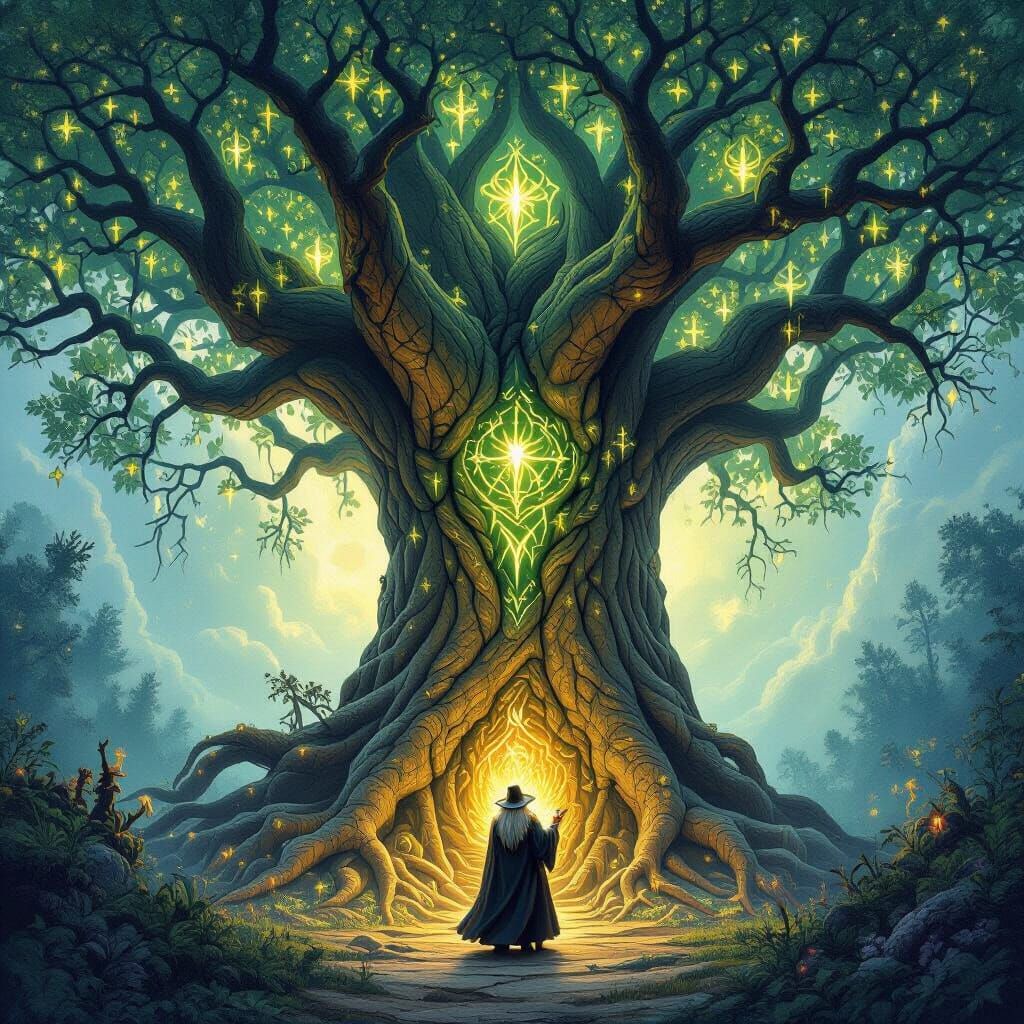 Ancient Tree with Wizard, Fantasy Art Style