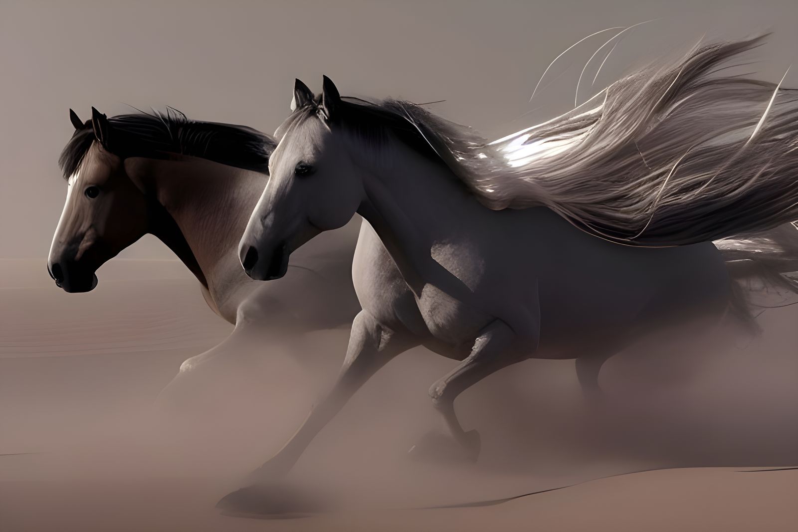 Wild Horses Galloping in Desert Landscape