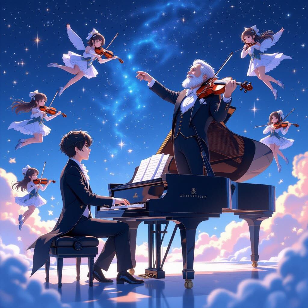 Young Pianist and Old Man Play Among Stars in 3D Anime Style
