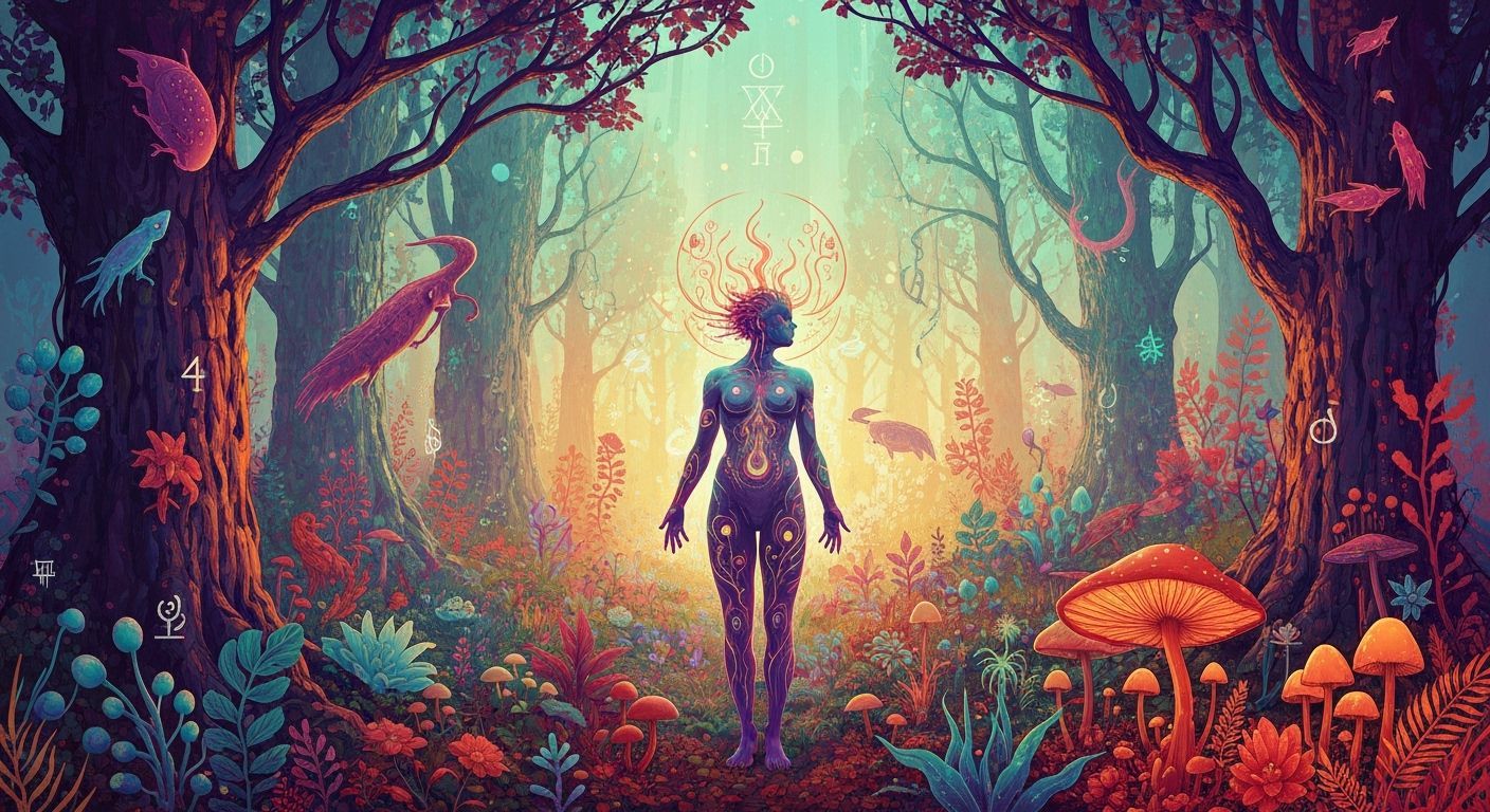 Bioluminescent Figure in Fantasy Plant Kingdom, Surrealist S...