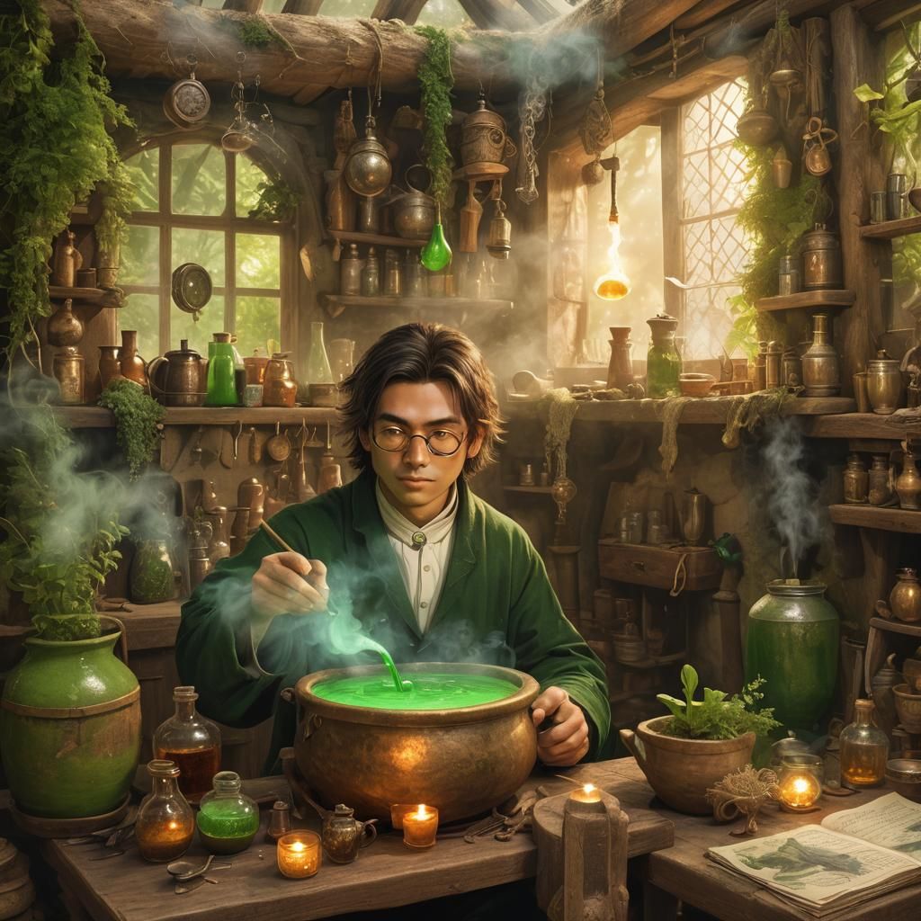 Alchemist Brews Green Potion in Mystical Hut