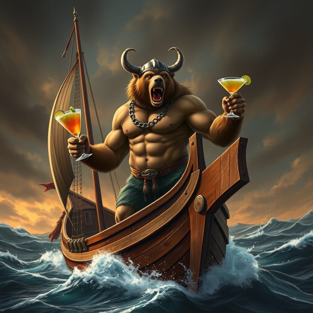 Muscular Bear Viking on Longship in Hyperrealistic Style