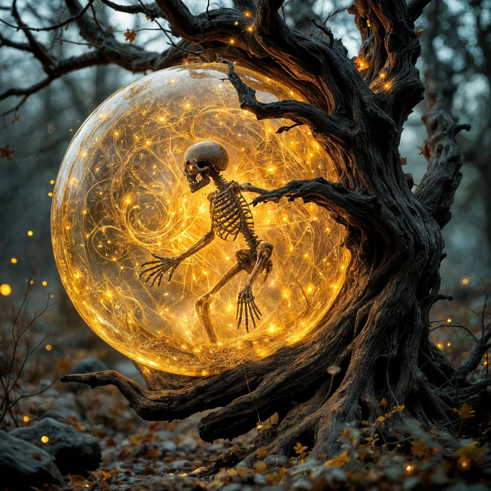 Ethereal Amber Graveyard Scene with Skeleton