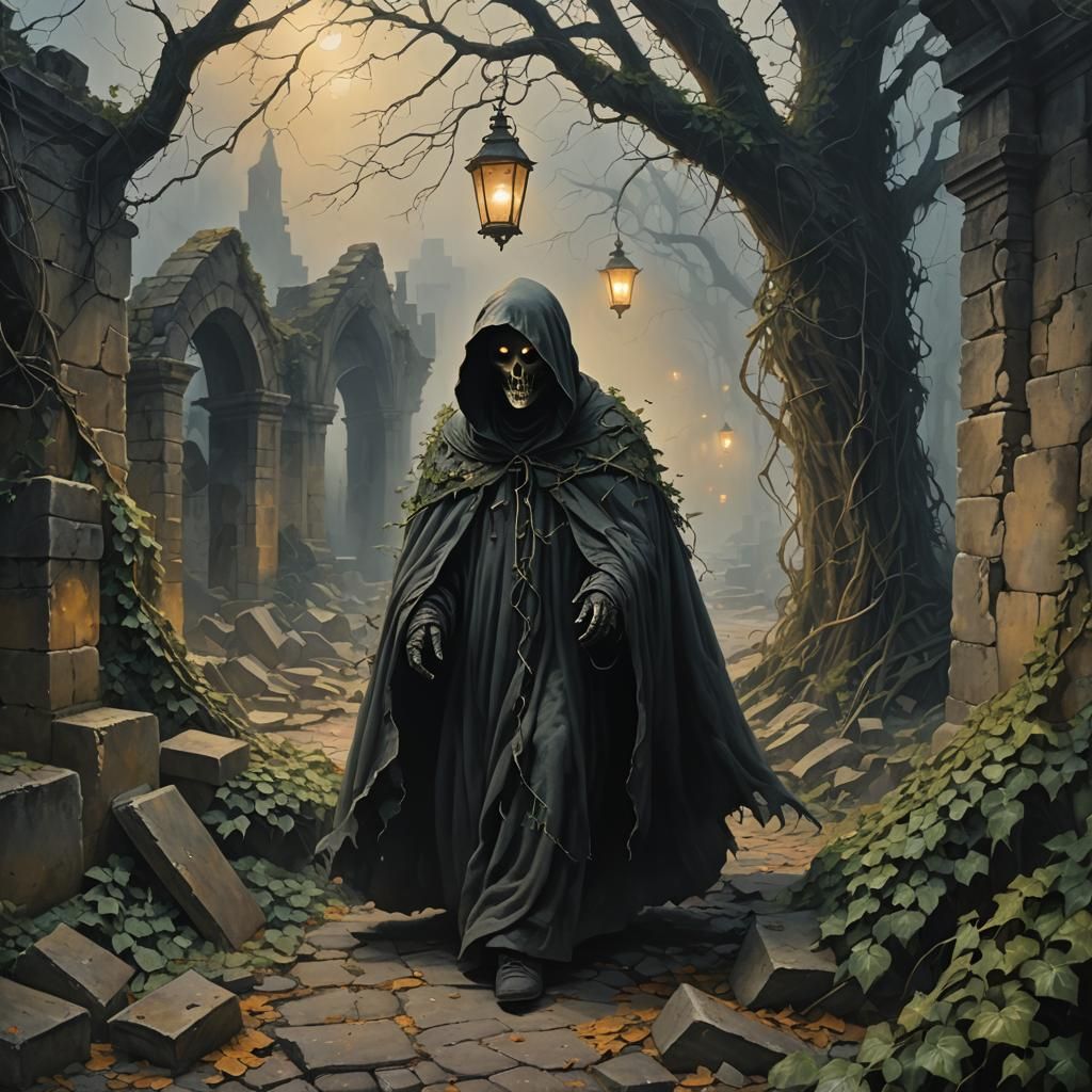 Ghostly Figure in Ruins: Ominous Oil Painting