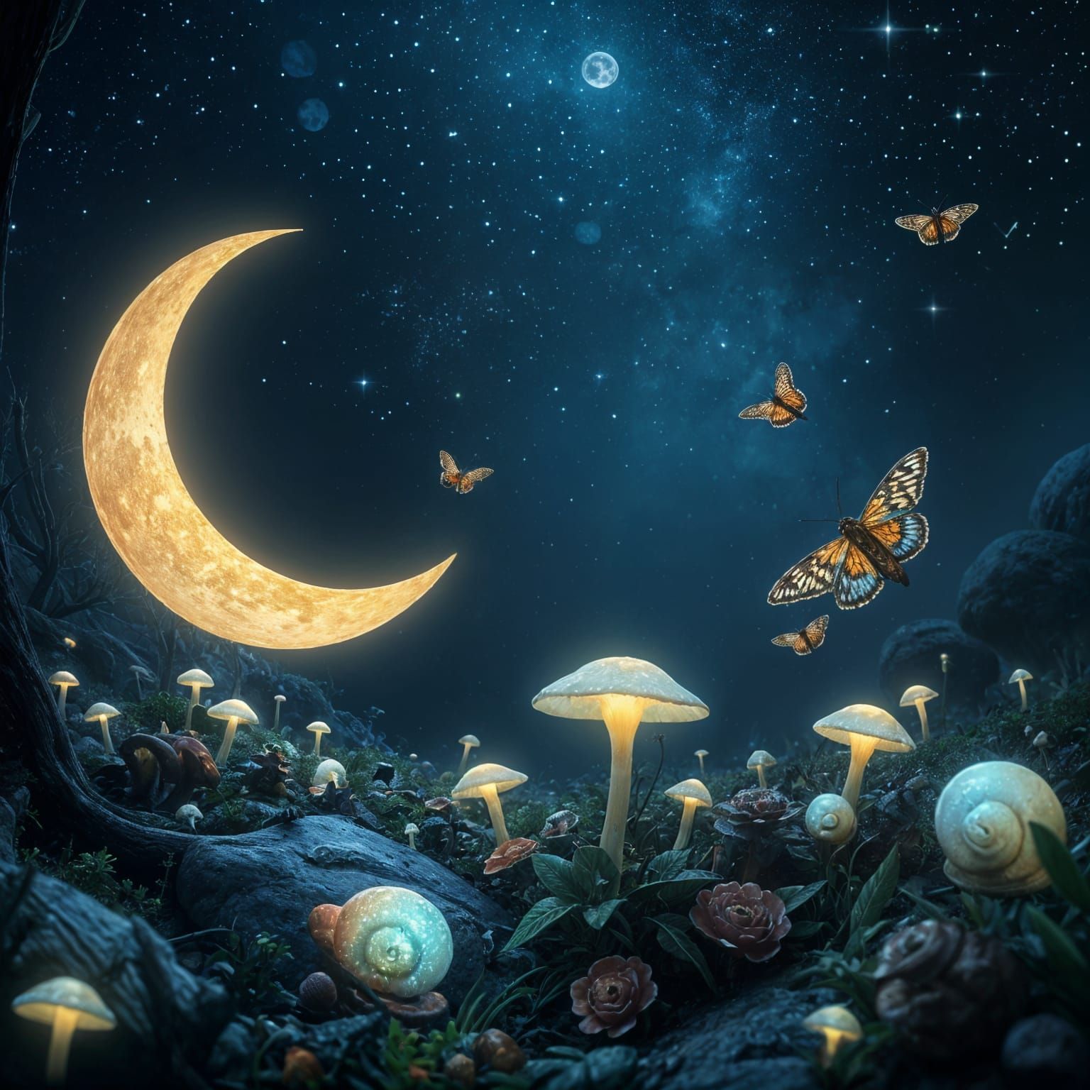 Fantastical Night Scene with Moths and Mushrooms