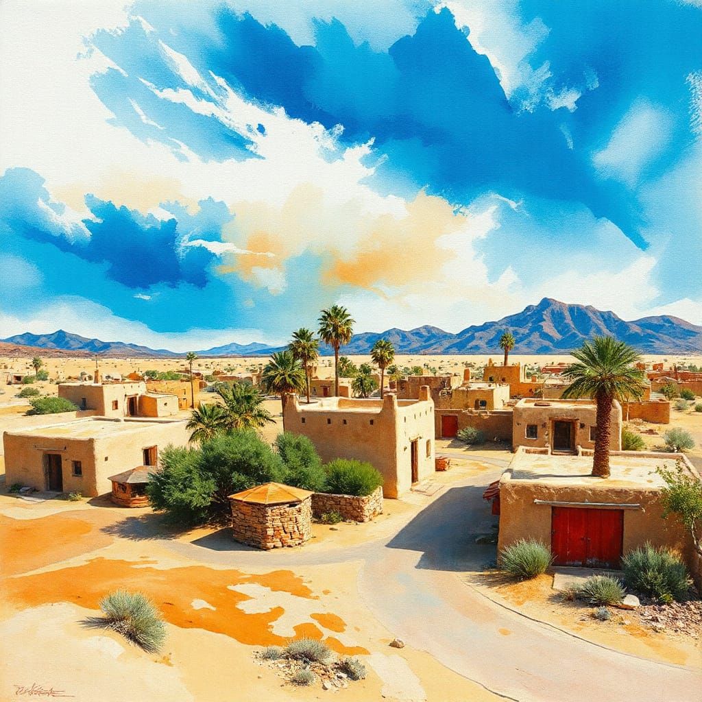 Timeless Desert Oasis in Vibrant Expressionist Style