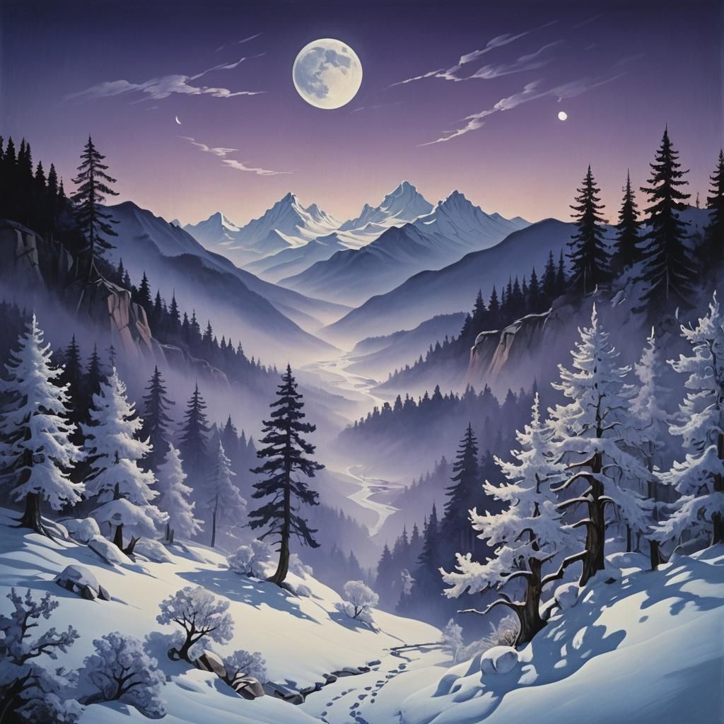 Surreal Nocturnal Landscape with Pine Trees and Moonlight