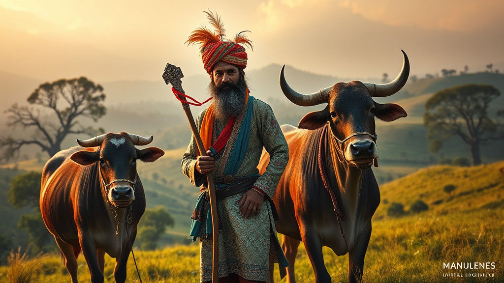 Punjabi Farmer with Livestock in Dreamlike Landscape