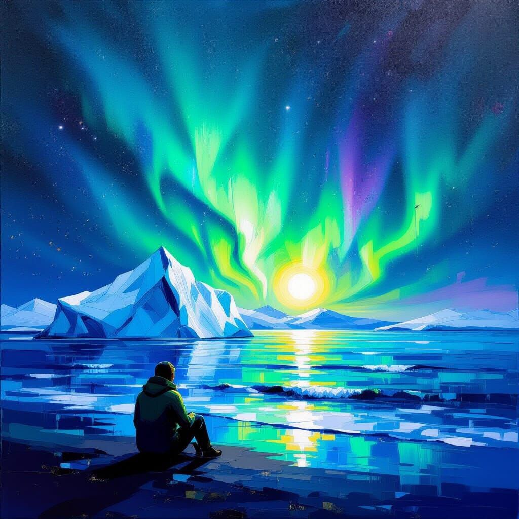 Explorer Watches Aurora Over Northern Sea Iceberg