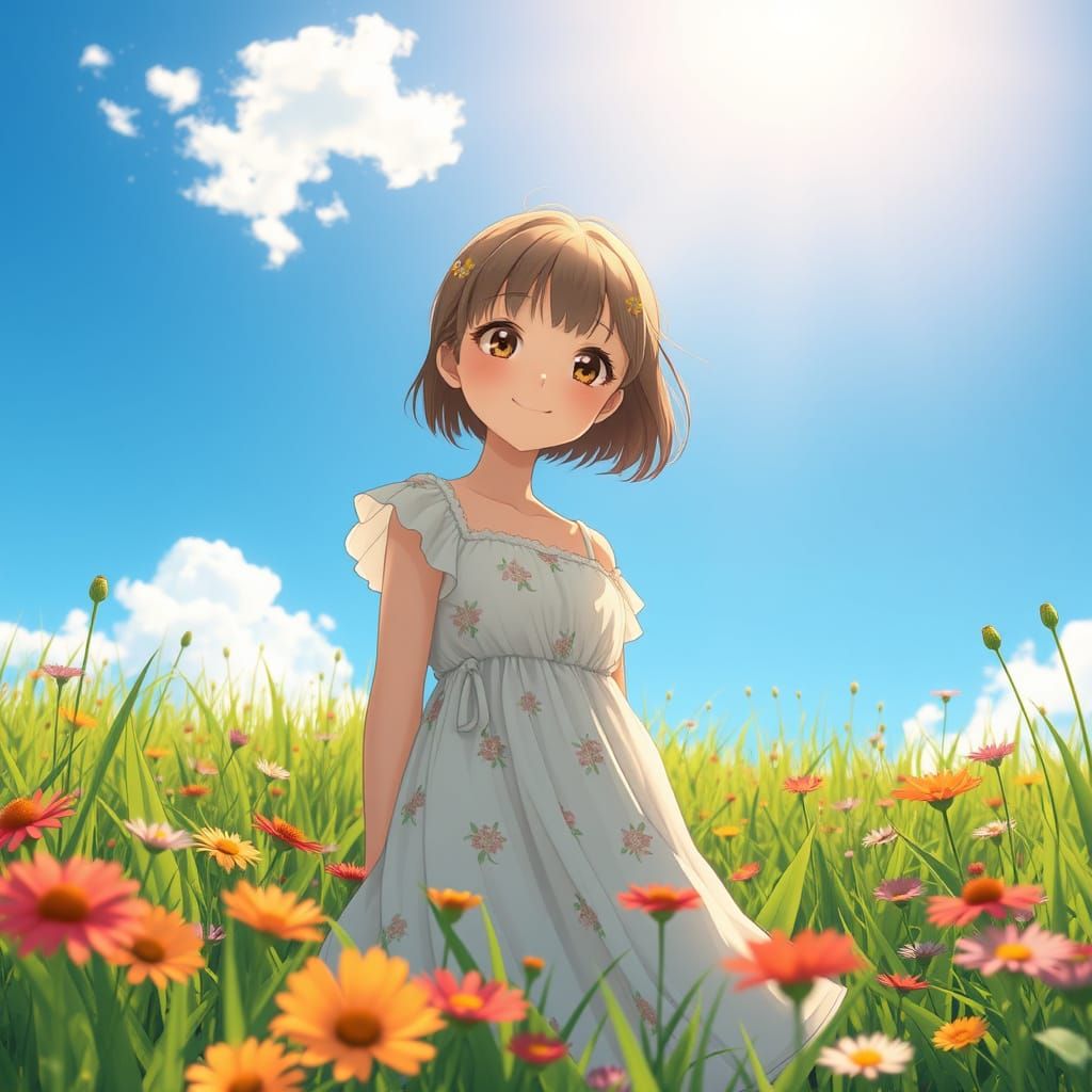 Serene Summer Girl in Vibrant Floral Meadow