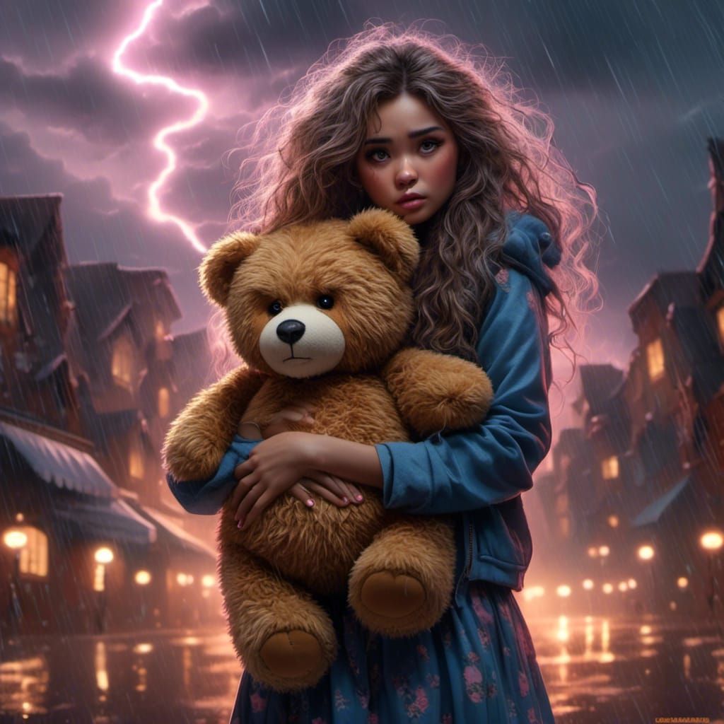Scared Young Woman Cuddling Teddy Bear in Storm