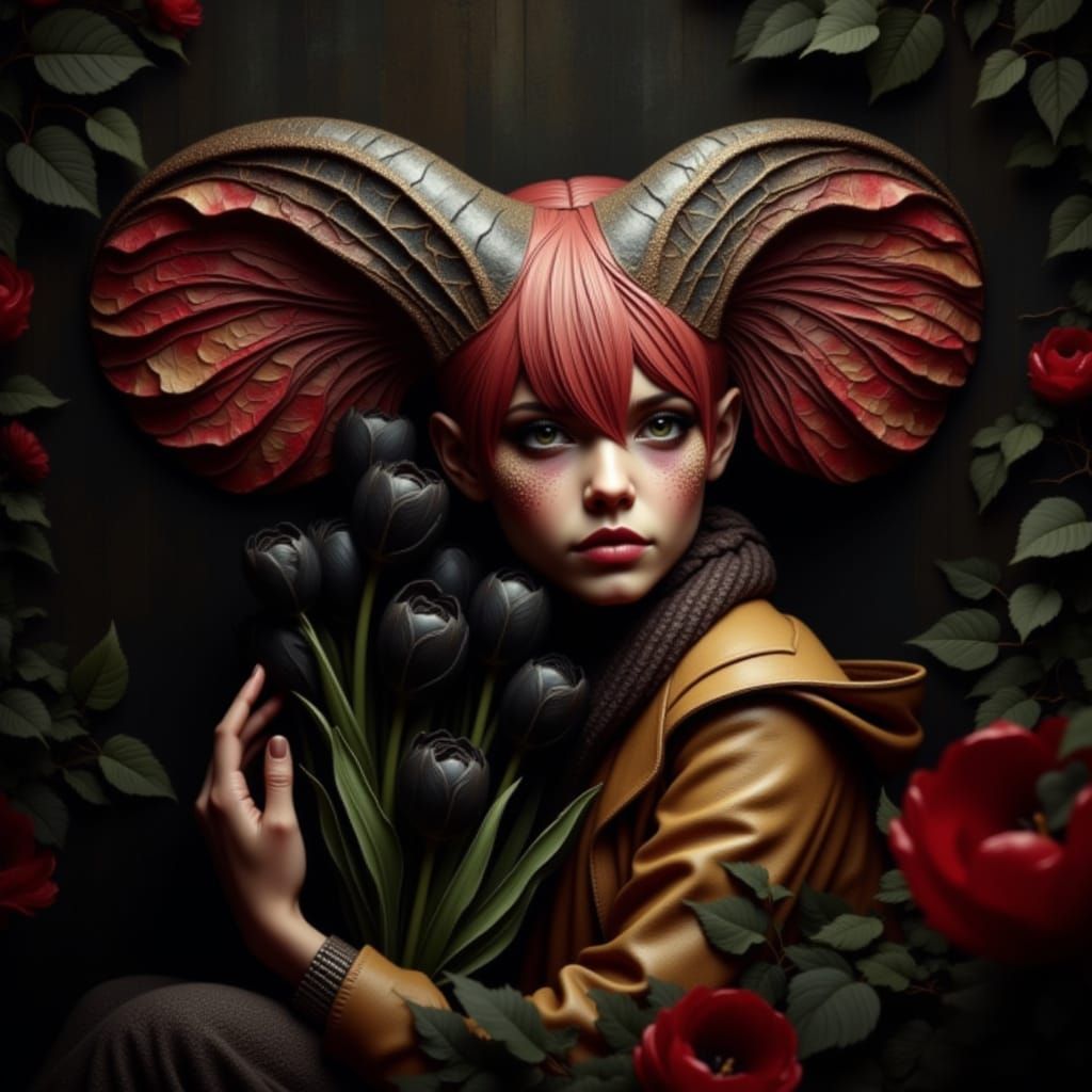 Humanoid Creature with Tulips in Mixed Media Art