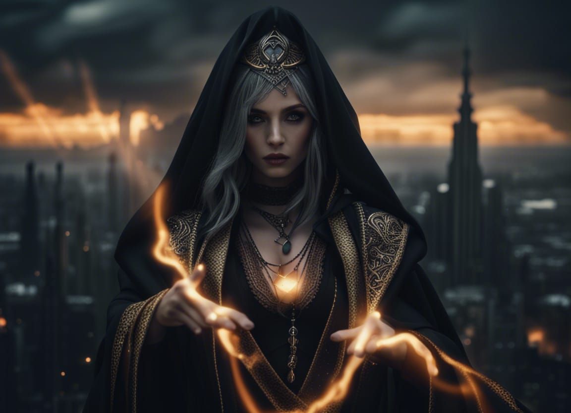 Corrupted Sorceress with Gold Aura in Dark Fantasy