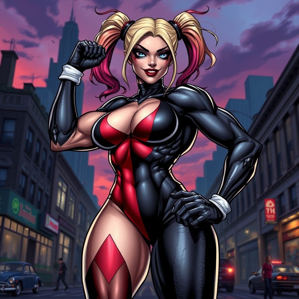 Muscular Female Bodybuilder as Venomized Harley Quinn in Com...