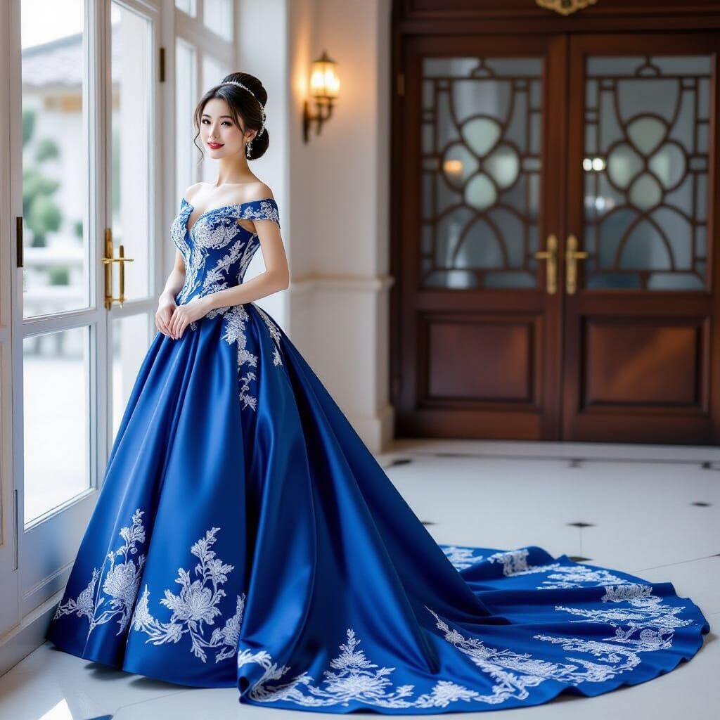 Elegant Chinese Woman in Blue Satin Wedding Dress