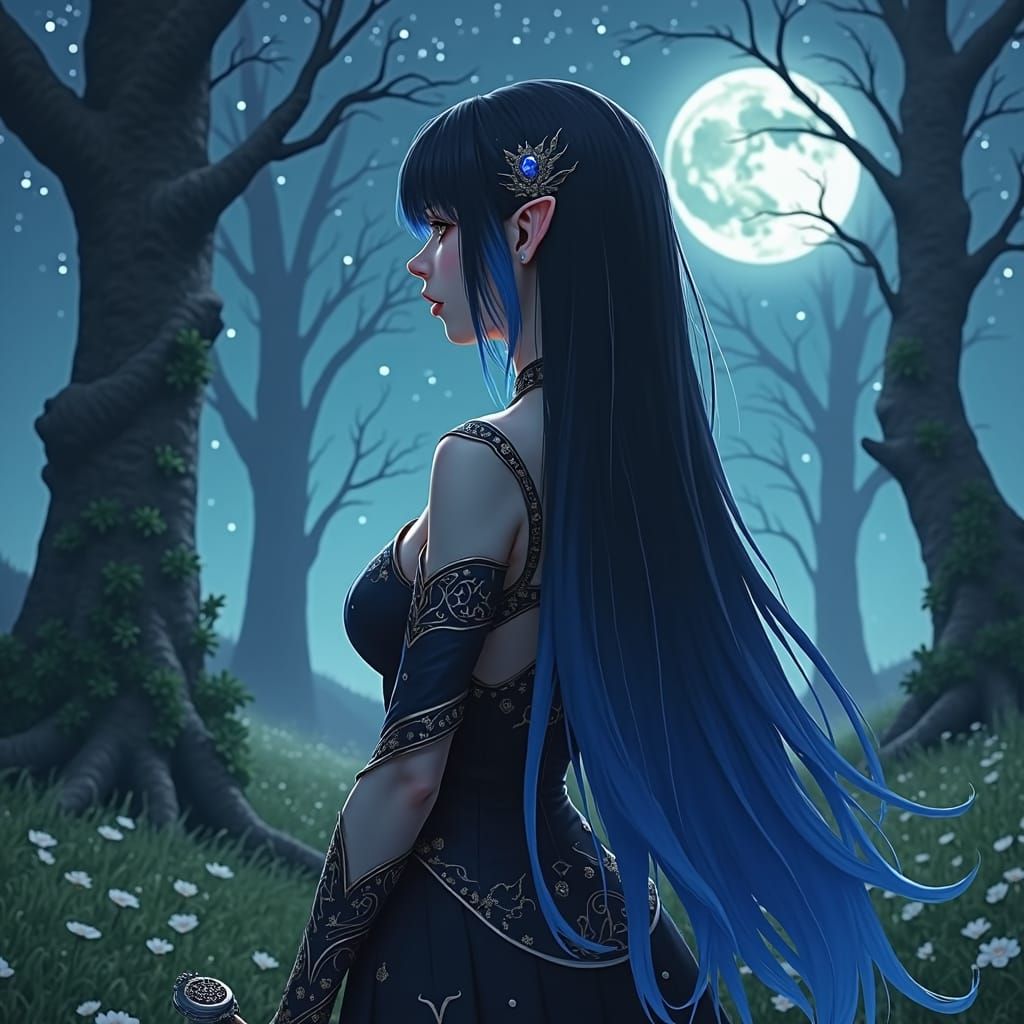 Elf Woman Portrait with Dreamcatcher Staff in Anime Style