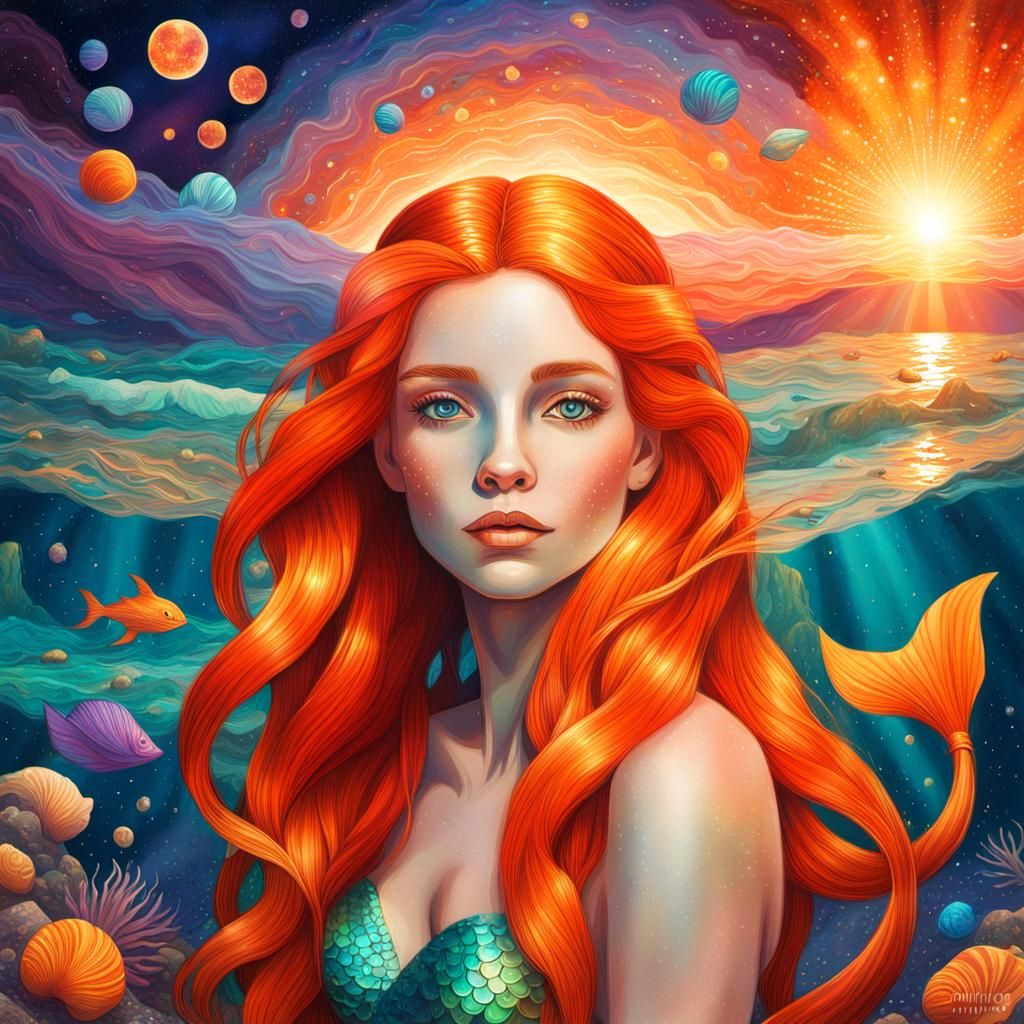 Mermaid Ariel on the Beach: Cosmic Illustration