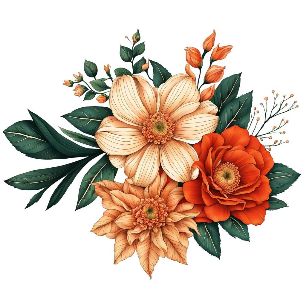 Detailed Line Art of Realistic Flowers and Swirls