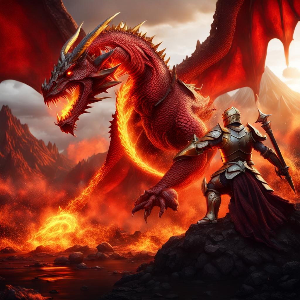 Red Dragon and Knight Fantasy Concept Art