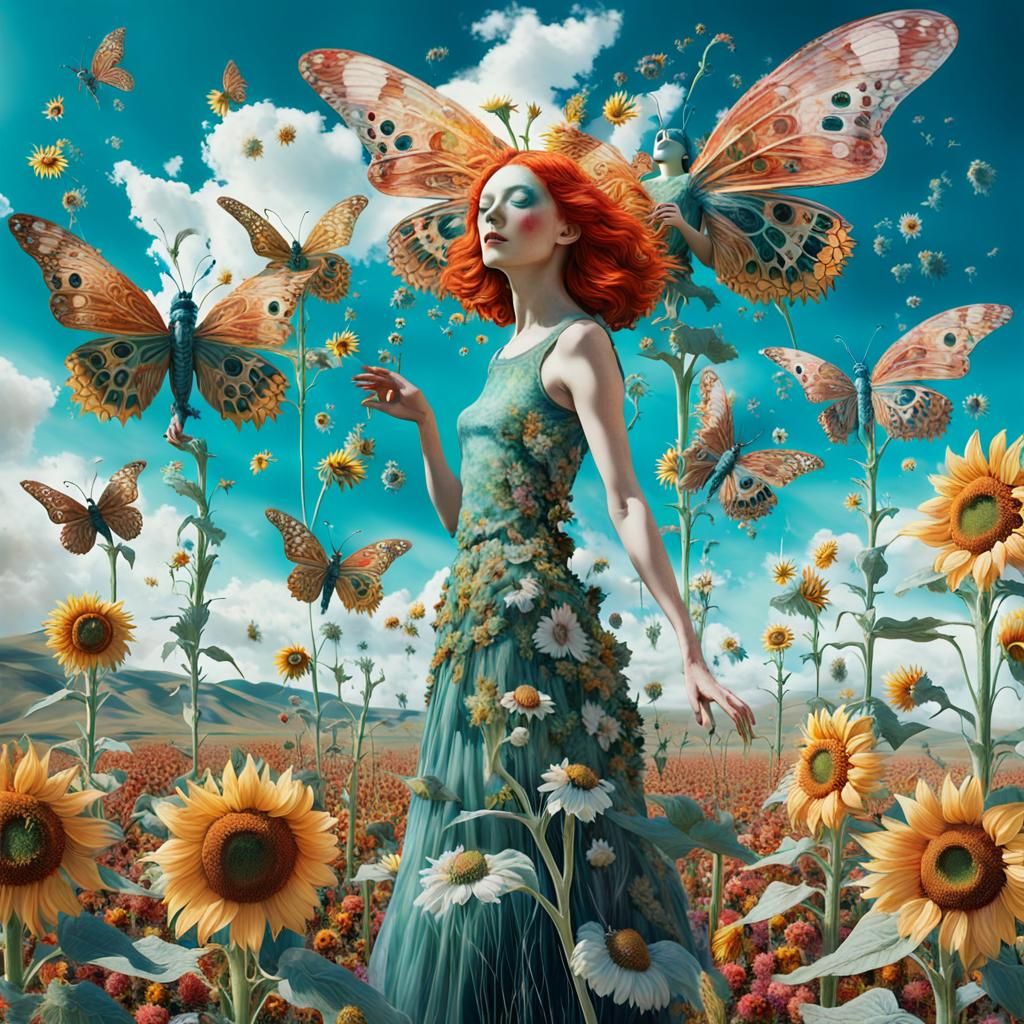 Winged Flower Fairy in Surrealist Dreamscape