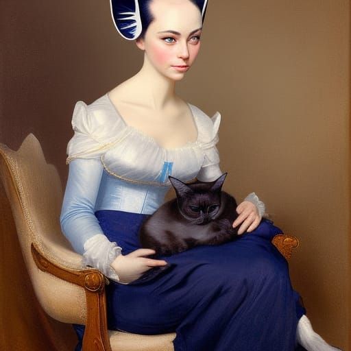 Woman with Siamese Cat Portrait as Detailed Painting