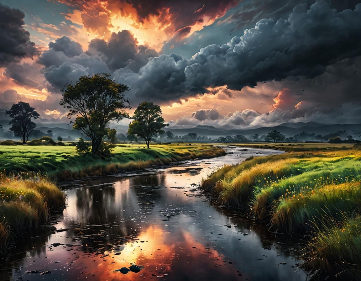 Dramatic Watercolor Landscape with Moody Sky