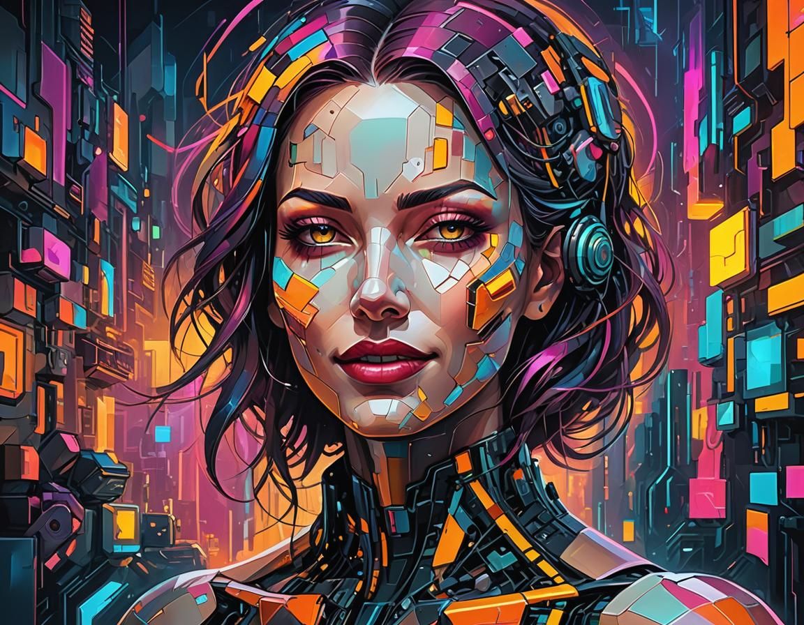 Cyberpunk Woman in Cubist Dreamscape with Neon Smile