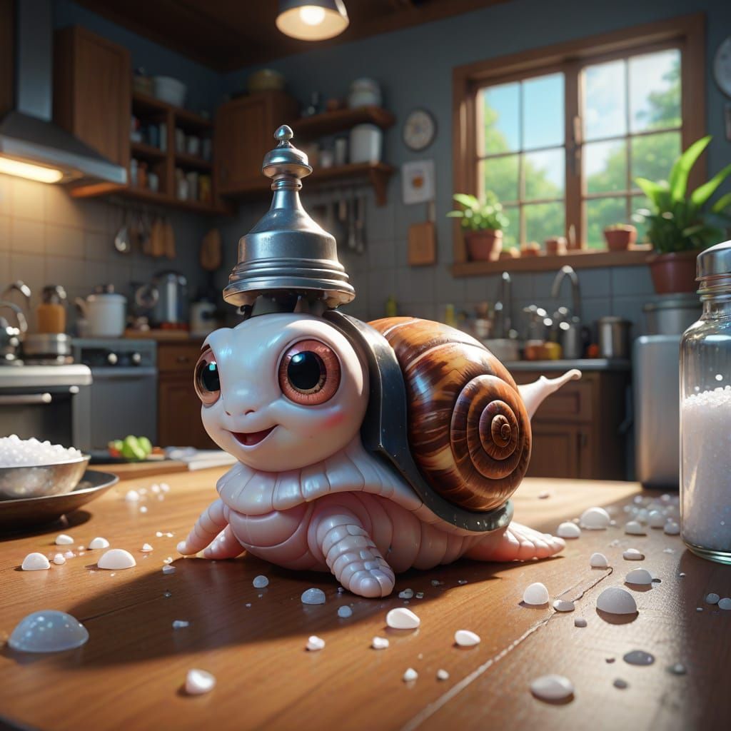 Snail Inspecting Salt Shaker: Anime-Inspired Digital Art