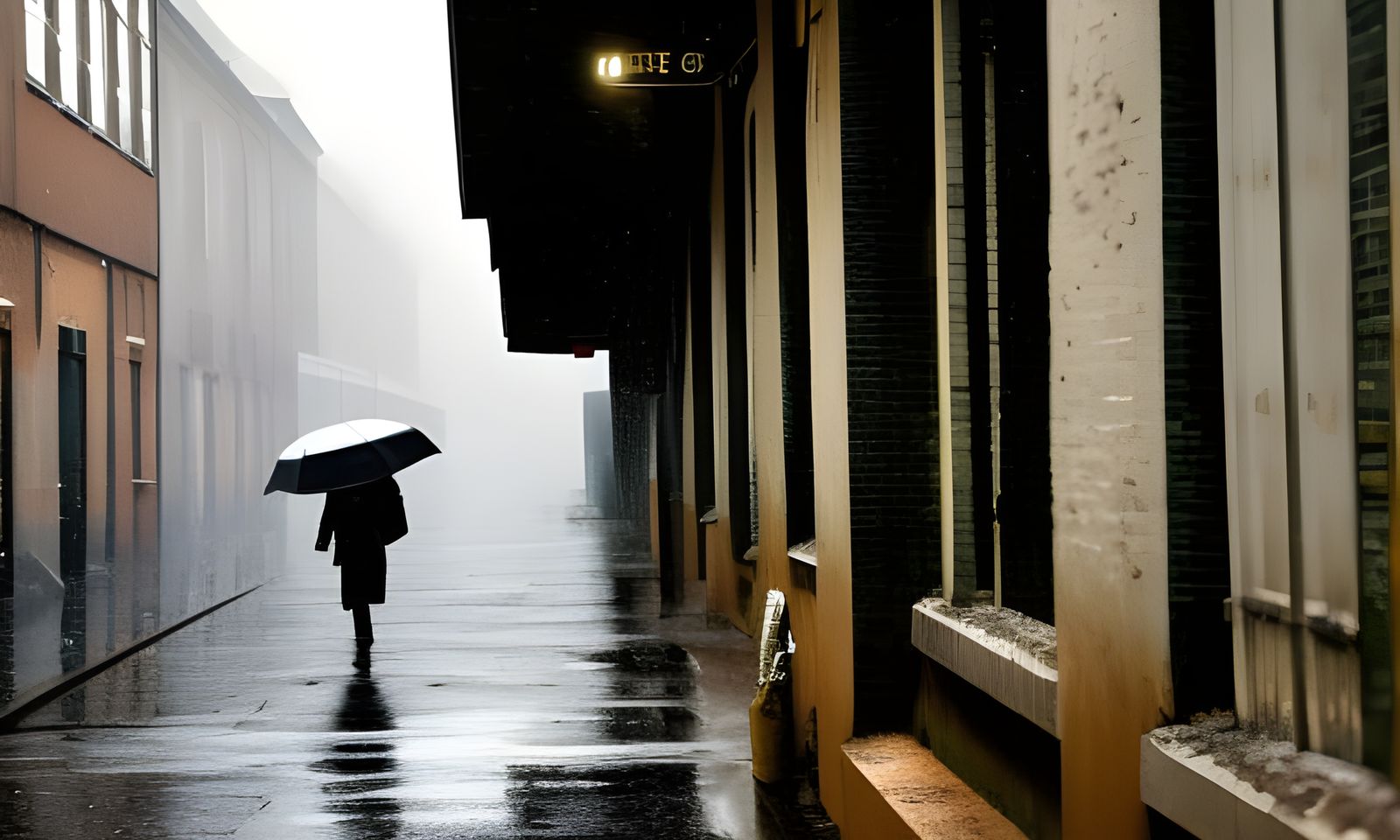 Lonely Woman in Rainy Alley: Oil Painting