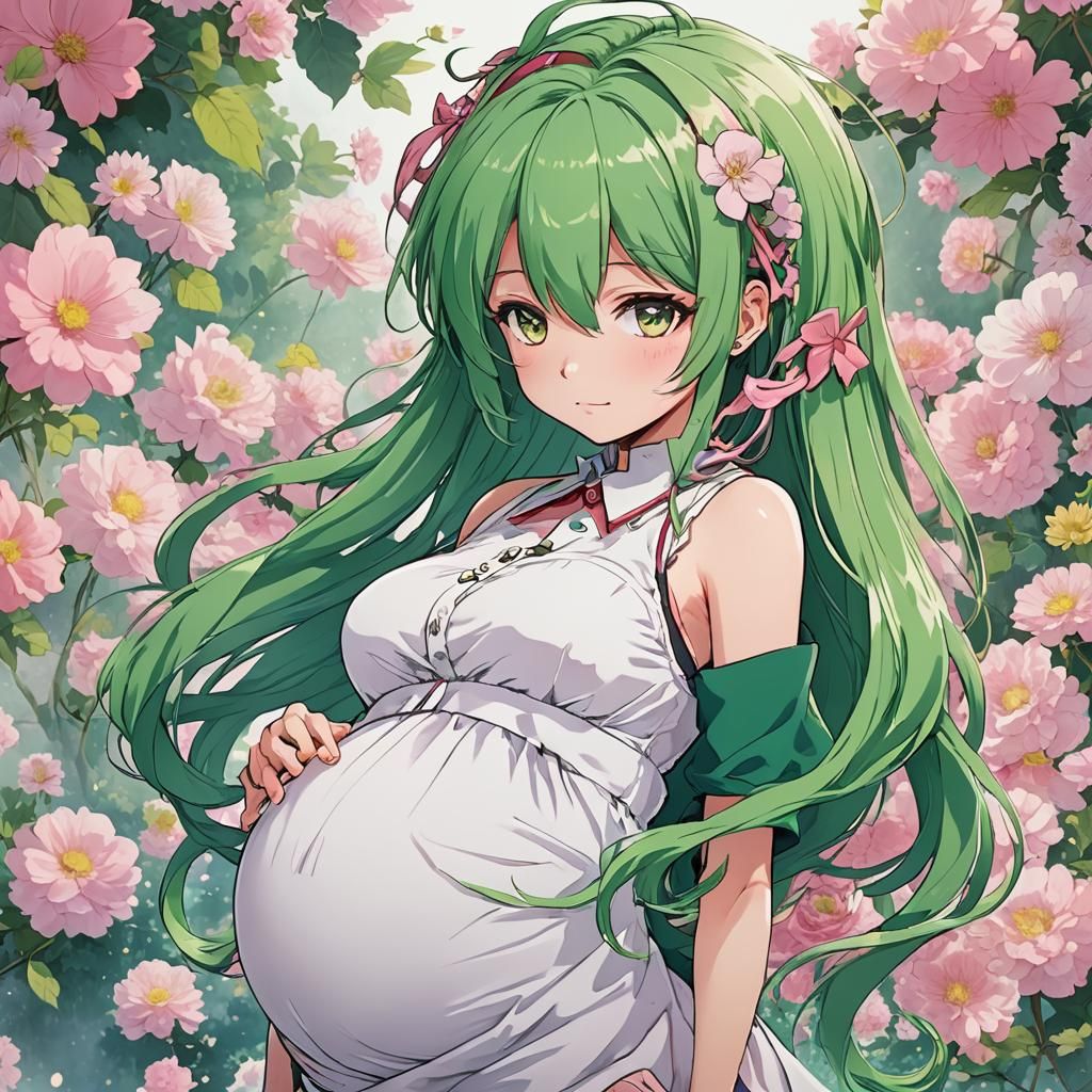 Pregnant Anime Character with Vibrant Hair