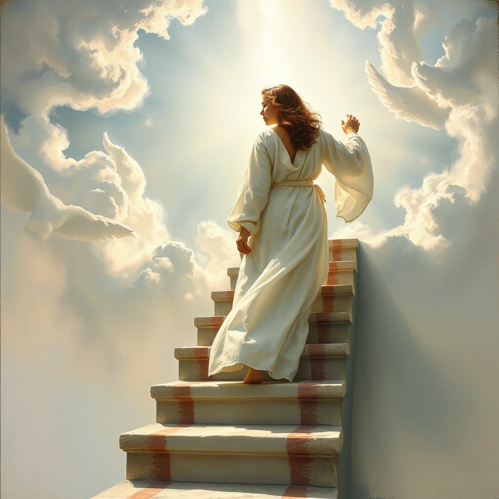 Romantic Angel Climbs Stairway to Heaven in Dreamy Light