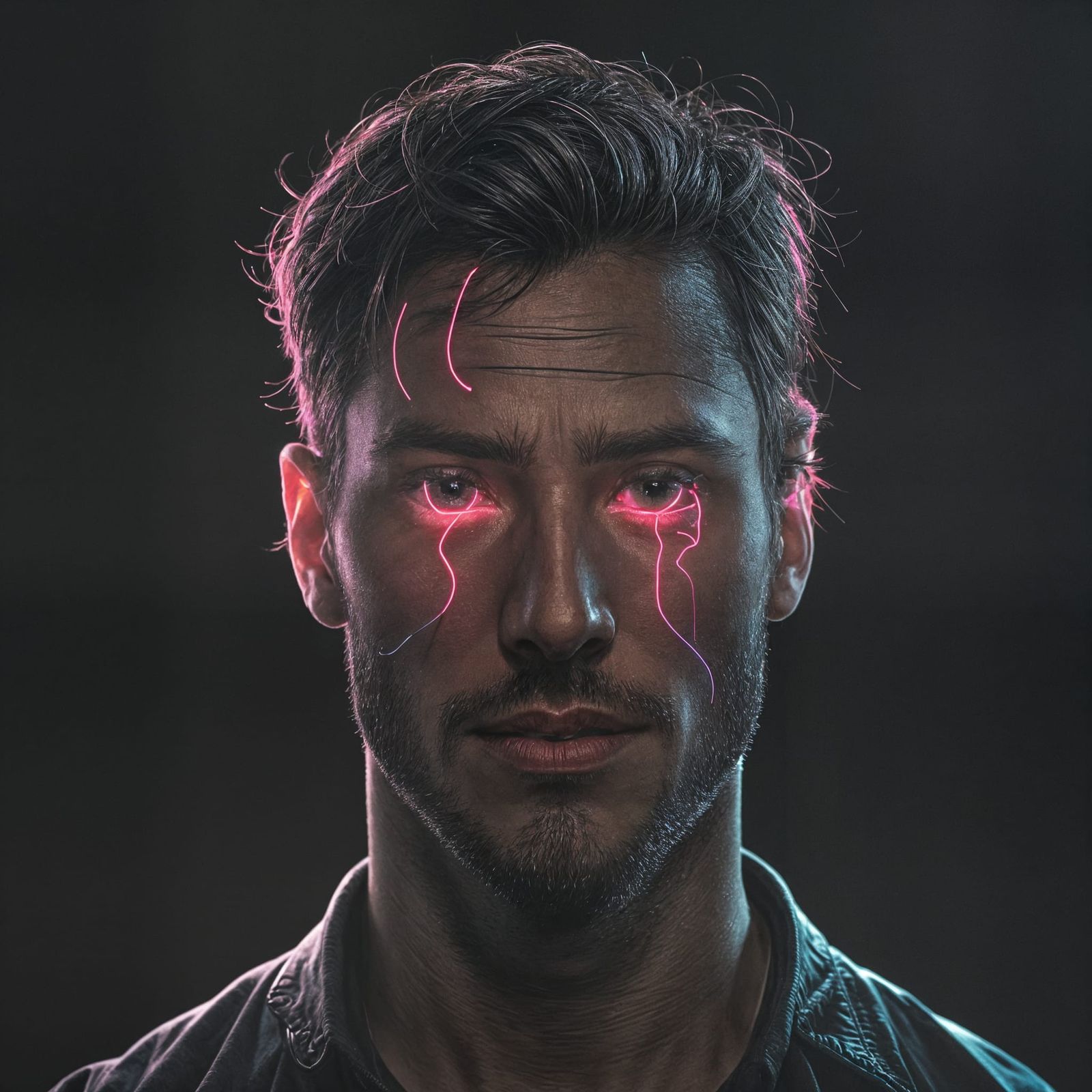 Neon Male Portrait Emerging from Darkness