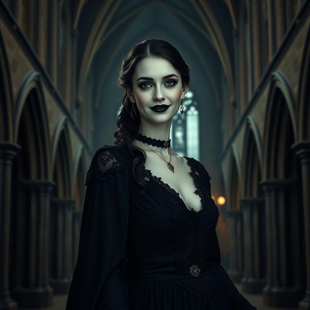 Gothic Woman in Cathedral, Dark Romanticism Style