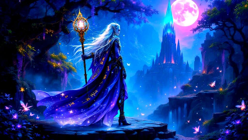 Ethereal Elven Sorceress in Radiant Fantasy Realm