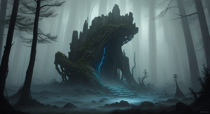 Mysterious Glowing Stone in Ancient Forest