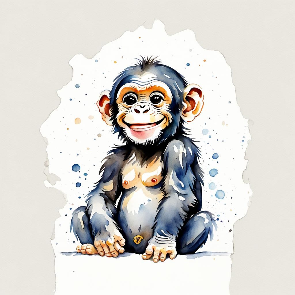 Chibi Chimpanzee Watercolor Illustration in Shel Silverstein...