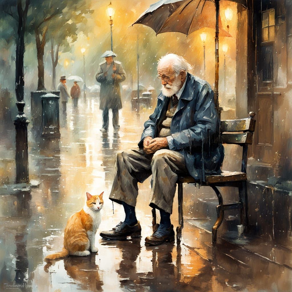 Impressionist Portrait of Old Man and Cat in Rain